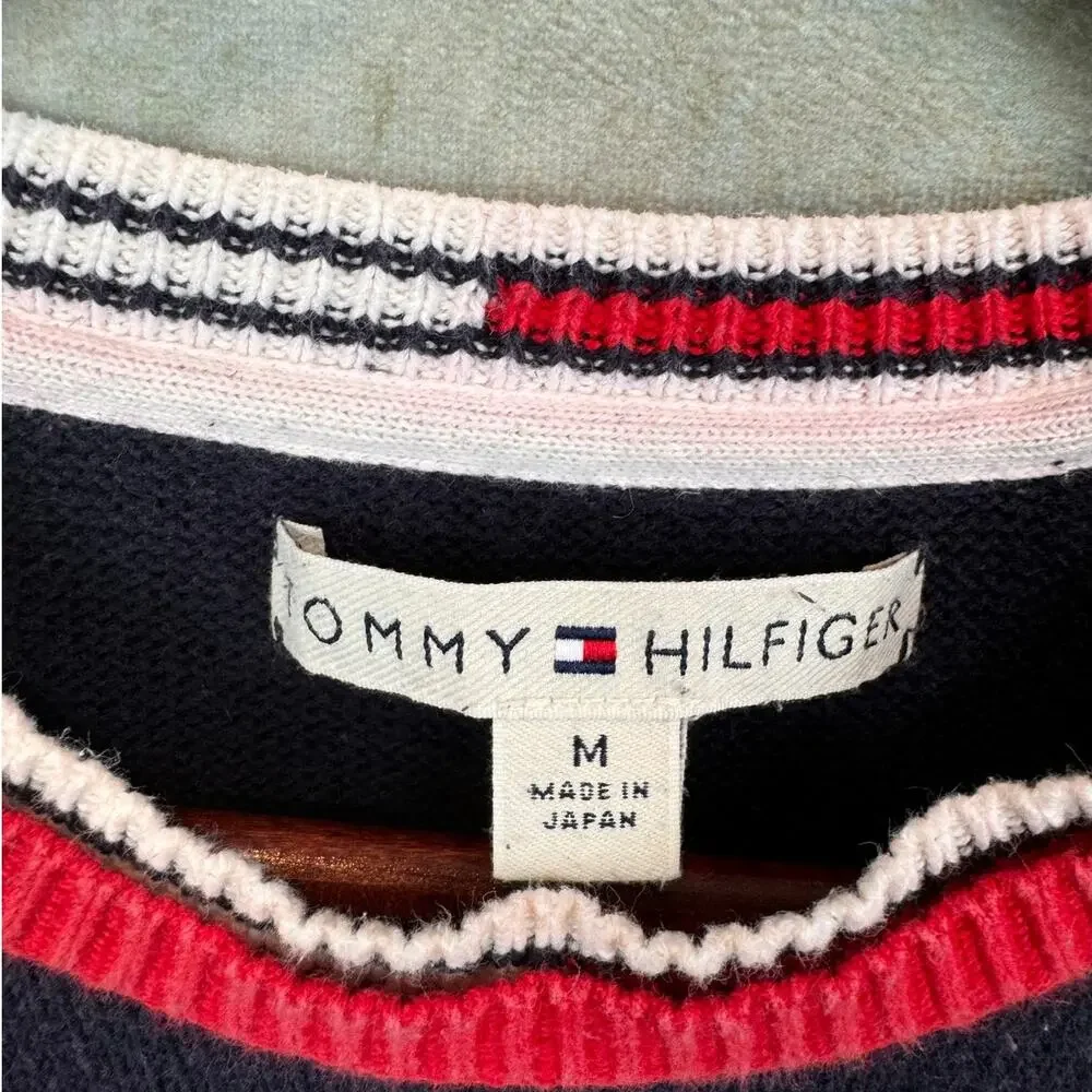 VTG 90s Tommy Hilfiger Flag Knit Sweater Womans Sz M Navy Blue Japan - Picture 4 of 6